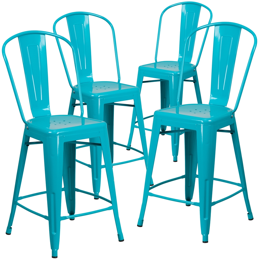4 Pk. 24'' High Crystal Blue Metal Indoor-Outdoor Counter Height Stool with Back. Picture 1