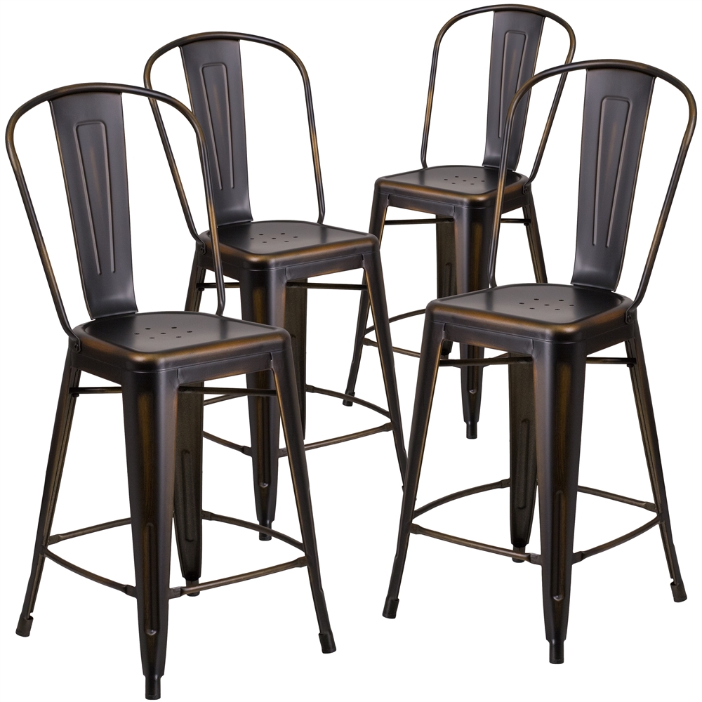 4 Pk. 24'' High Distressed Copper Metal Indoor Counter Height Stool with Back. Picture 1