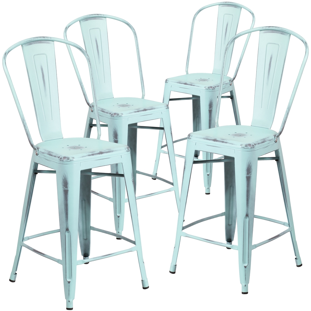 4 Pk. 24'' High Distressed Dream Blue Metal Indoor Counter Height Stool with Back. Picture 1