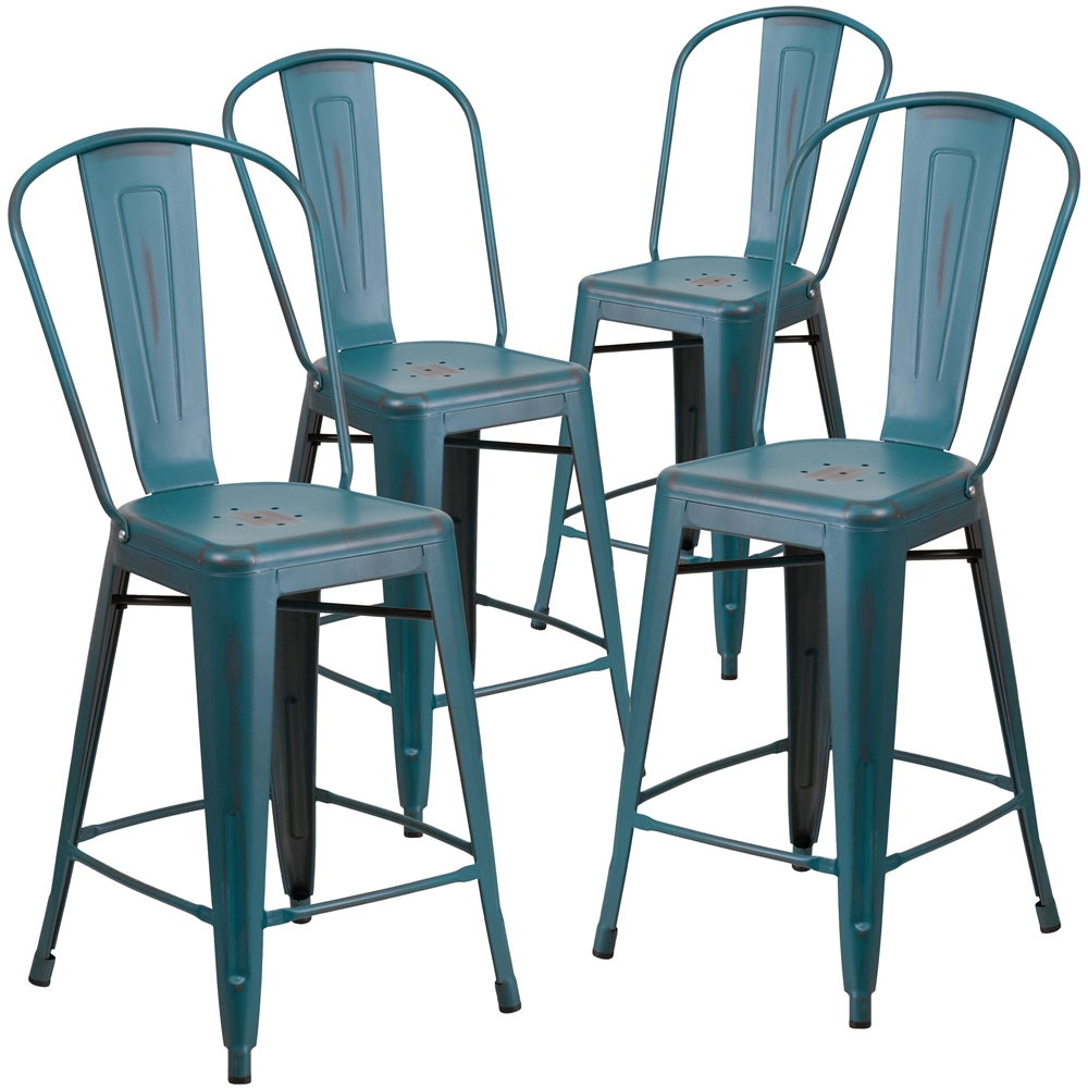 4 Pk. 24'' High Distressed Kelly Blue Metal Indoor Counter Height Stool with Back. Picture 1