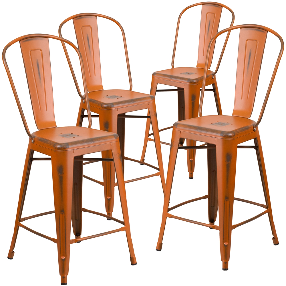 4 Pk. 24'' High Distressed Orange Metal Indoor Counter Height Stool with Back. The main picture.