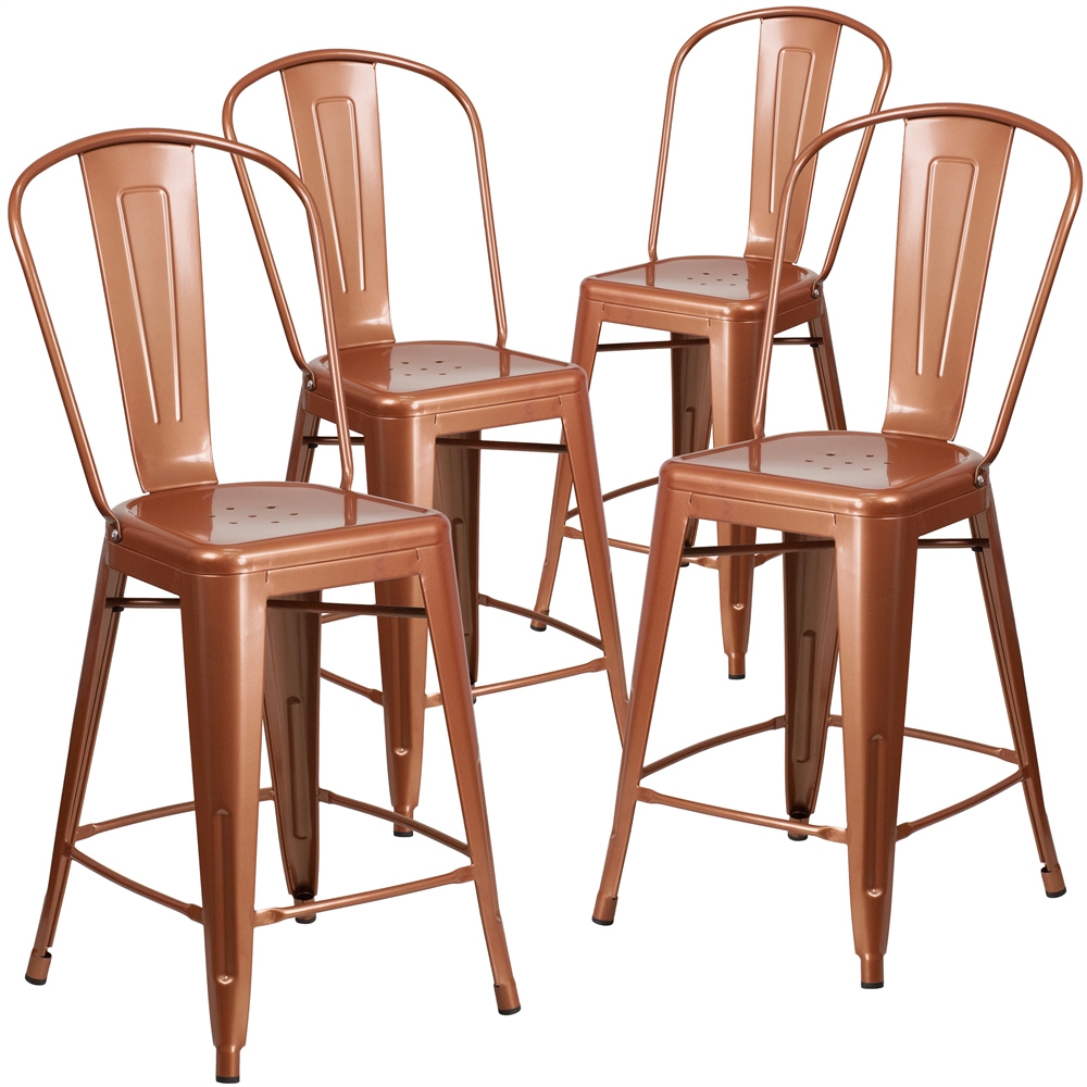 4 Pk. 24'' High Copper Metal Indoor-Outdoor Counter Height Stool with Back. Picture 1