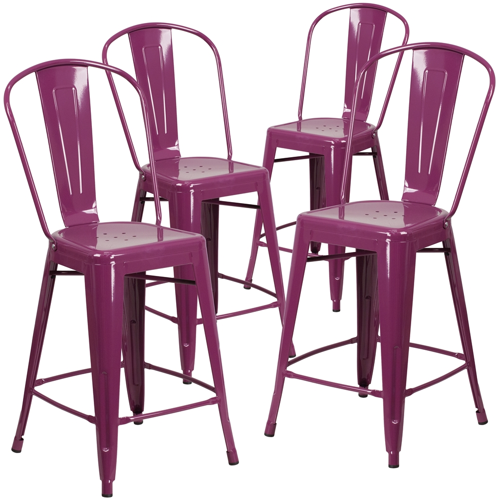 4 Pk. 24'' High Purple Metal Indoor-Outdoor Counter Height Stool with Back. The main picture.