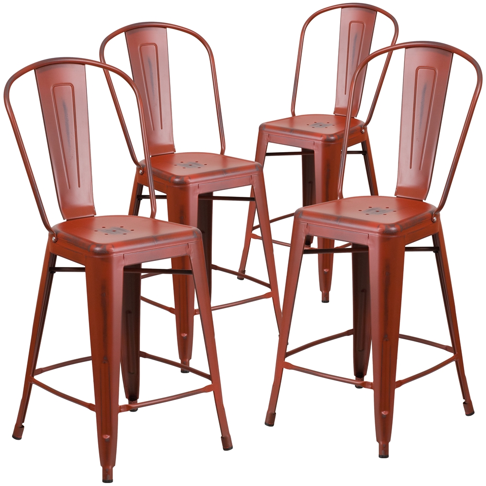 4 Pk. 24'' High Distressed Kelly Red Metal Indoor Counter Height Stool with Back. Picture 1