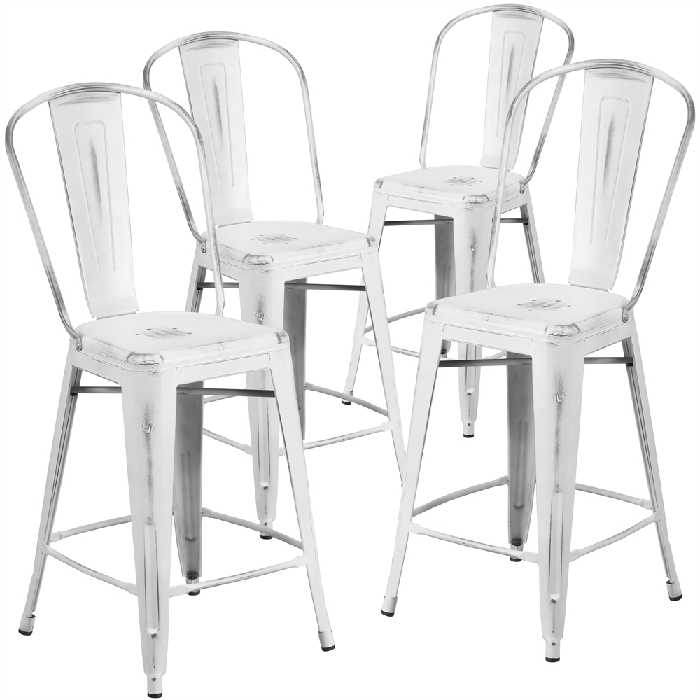 4 Pk. 24'' High Distressed White Metal Indoor Counter Height Stool with Back. Picture 1