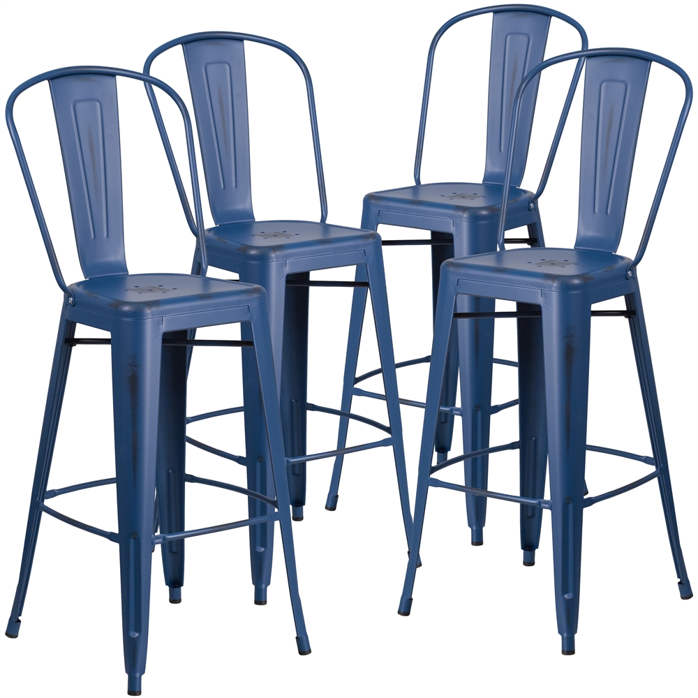 4 Pk. 30'' High Distressed Antique Blue Metal Indoor-Outdoor Barstool with Back. The main picture.