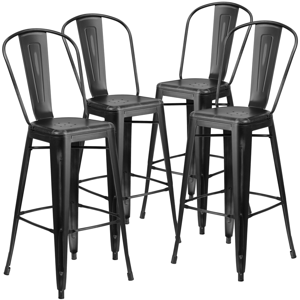 4 Pk. 30'' High Distressed Black Metal Indoor Barstool with Back. Picture 1