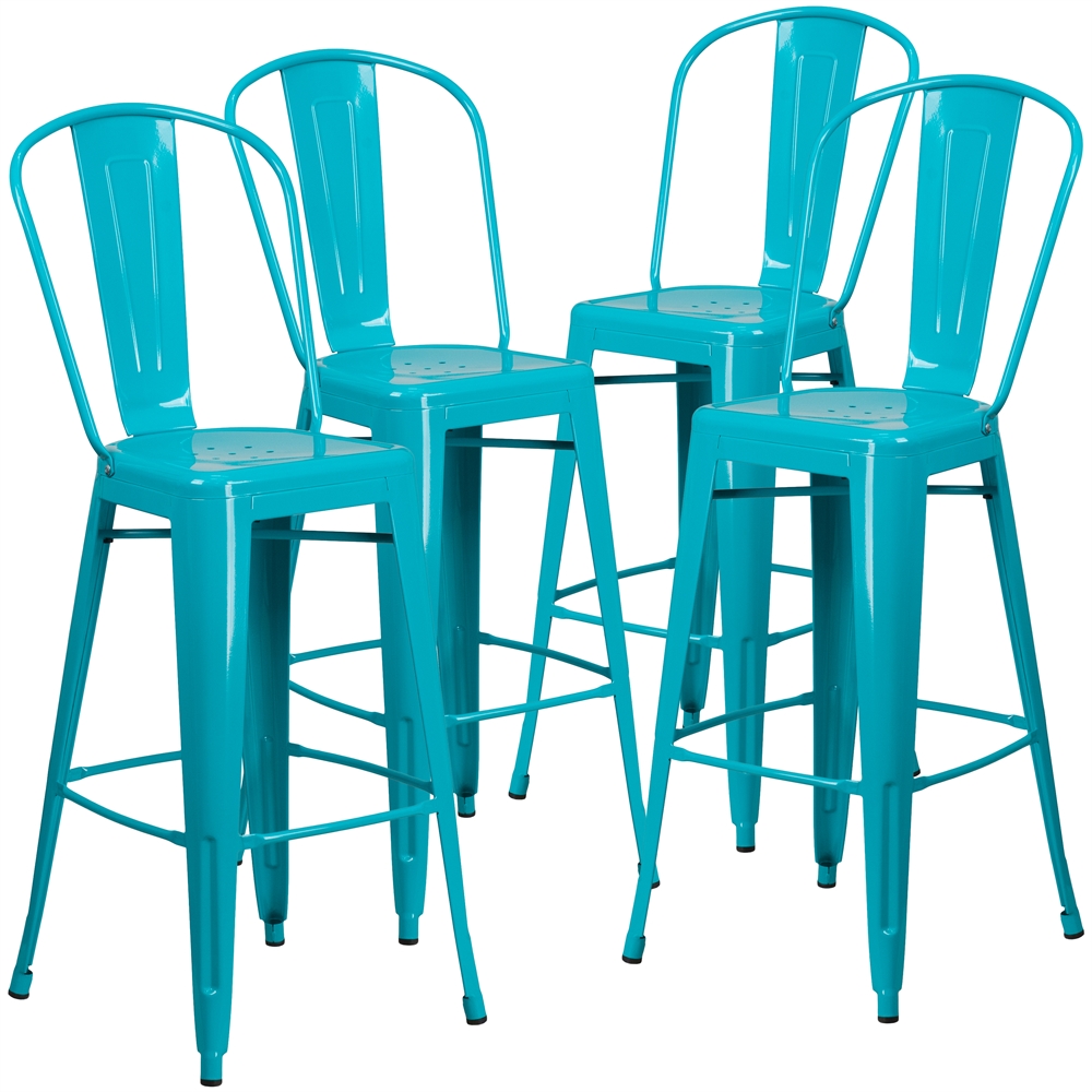 4 Pk. 30'' High Crystal Blue Metal Indoor-Outdoor Barstool with Back. Picture 1