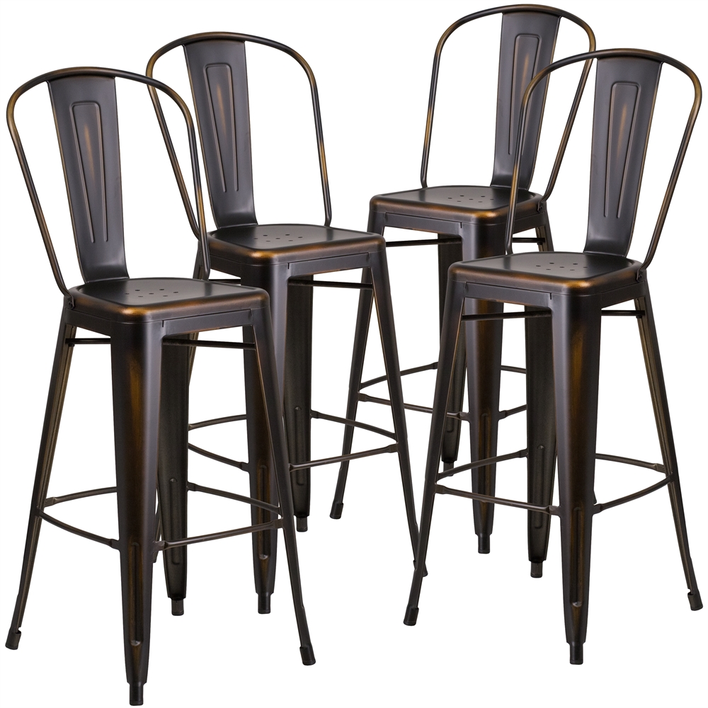 4 Pk. 30'' High Distressed Copper Metal Indoor Barstool with Back. Picture 1