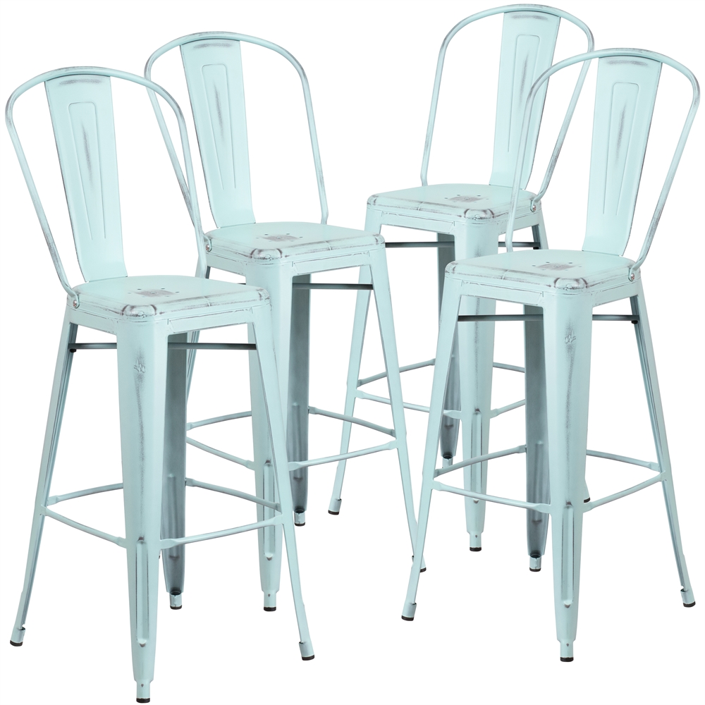 4 Pk. 30'' High Distressed Dream Blue Metal Indoor Barstool with Back. Picture 1