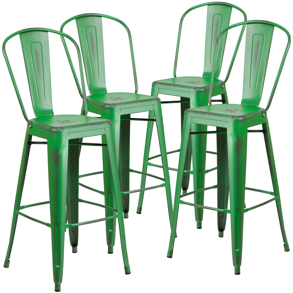 4 Pk. 30'' High Distressed Green Metal Indoor Barstool with Back. Picture 1