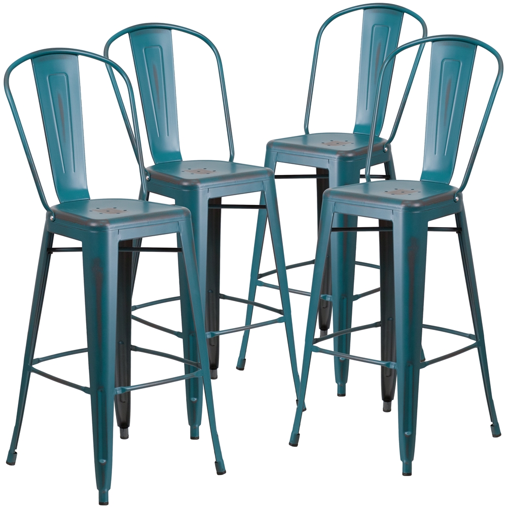 4 Pk. 30'' High Distressed Kelly Blue Metal Indoor Barstool with Back. Picture 1