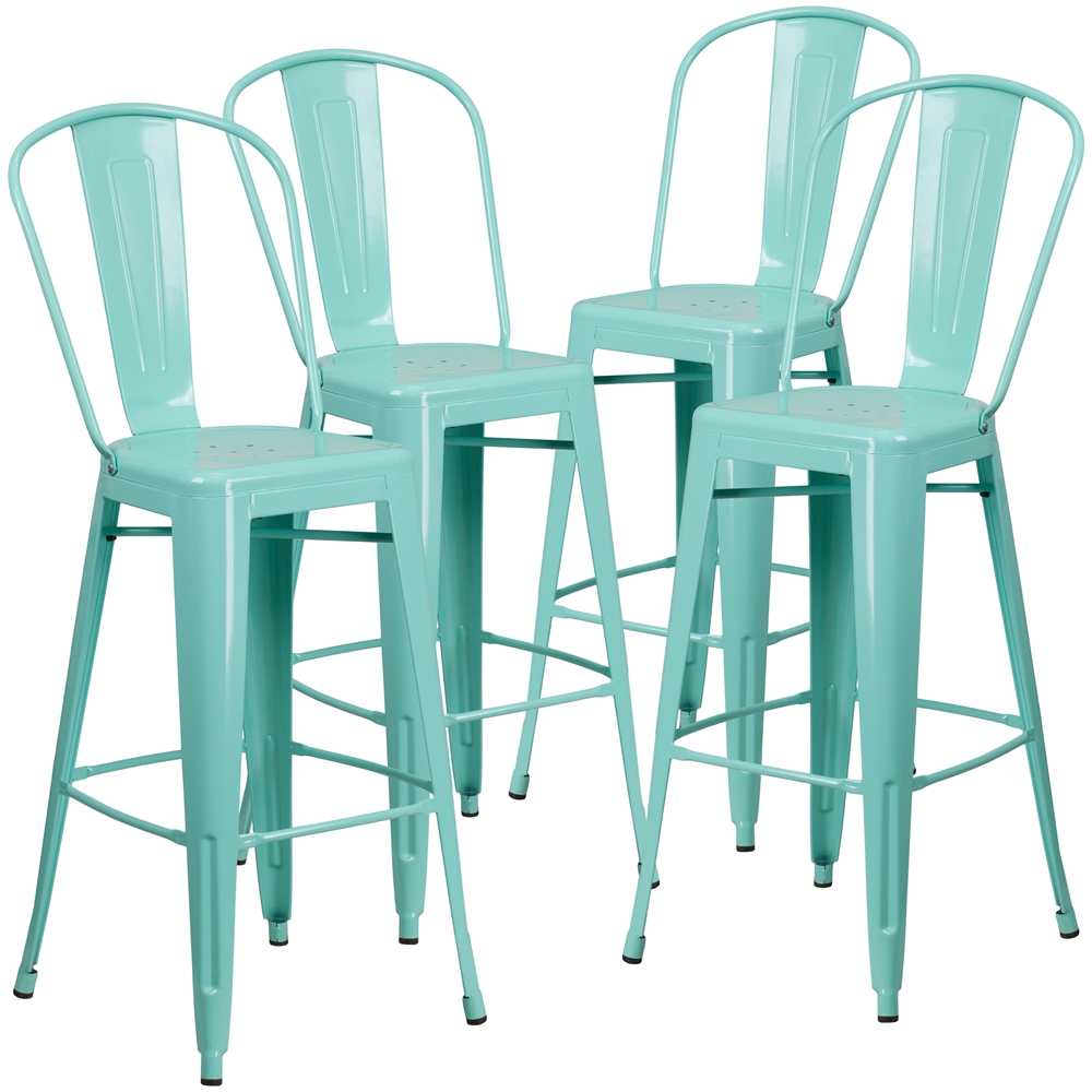 4 Pk. 30'' High Mint Green Metal Indoor-Outdoor Barstool with Back. Picture 1