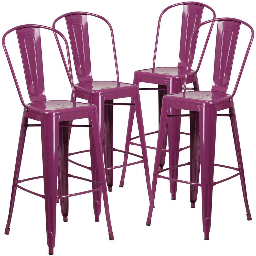 4 Pk. 30'' High Purple Metal Indoor-Outdoor Barstool with Back. Picture 1