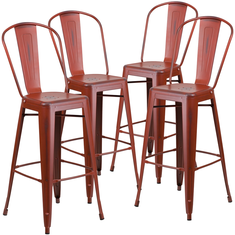 4 Pk. 30'' High Distressed Kelly Red Metal Indoor Barstool with Back. Picture 1