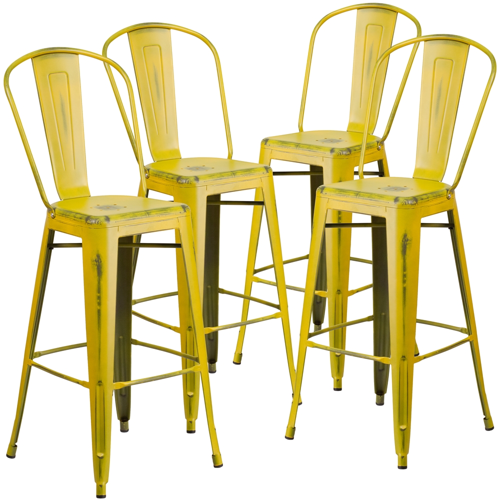 4 Pk. 30'' High Distressed Yellow Metal Indoor Barstool with Back. Picture 1