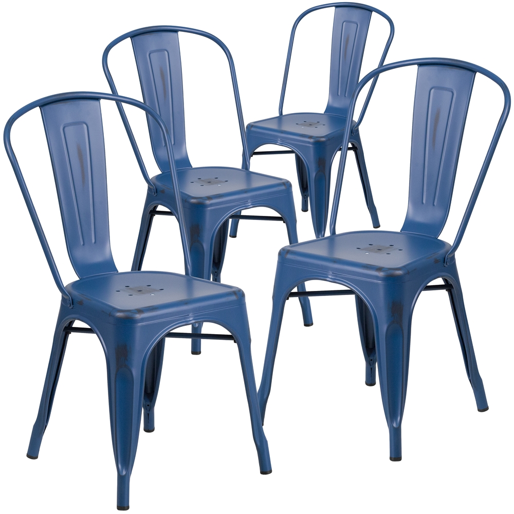 4 Pk. Distressed Antique Blue Metal Indoor-Outdoor Stackable Chair. Picture 1