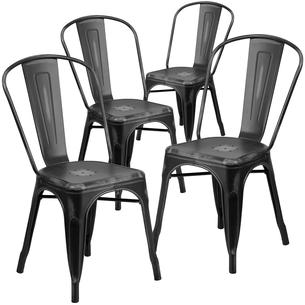 4 Pk. Distressed Black Metal Indoor Stackable Chair. Picture 1