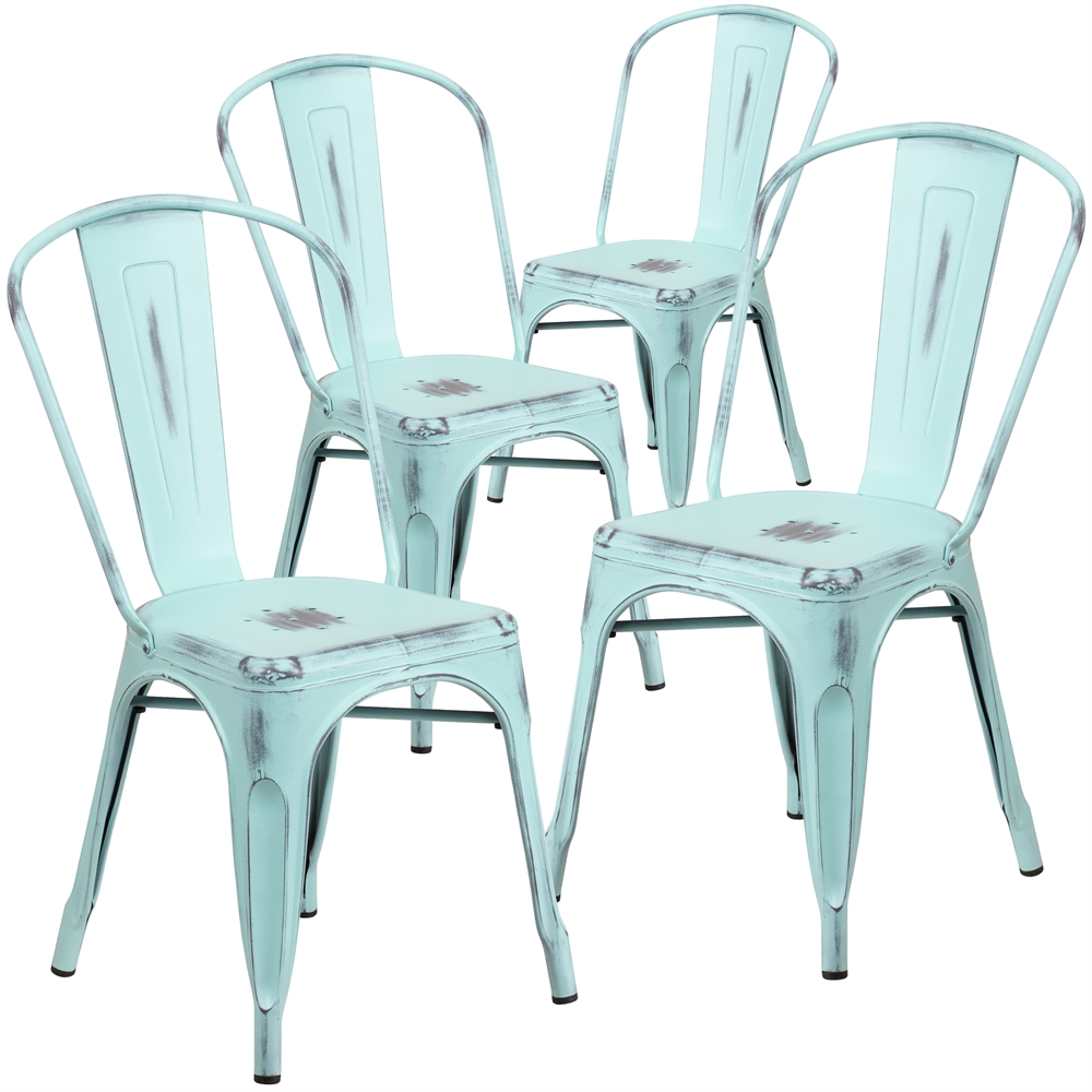 4 Pk. Distressed Dream Blue Metal Indoor Stackable Chair. Picture 1