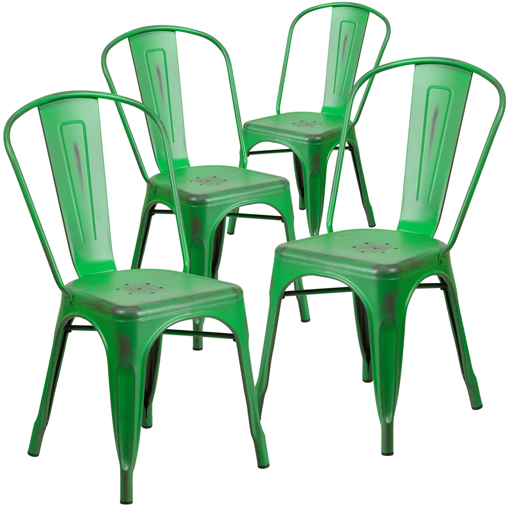 4 Pk. Distressed Green Metal Indoor Stackable Chair. Picture 1