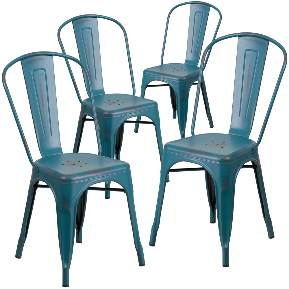 4 Pk. Distressed Kelly Blue Metal Indoor Stackable Chair. Picture 1