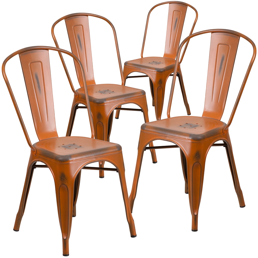4 Pk. Distressed Orange Metal Indoor Stackable Chair. Picture 1