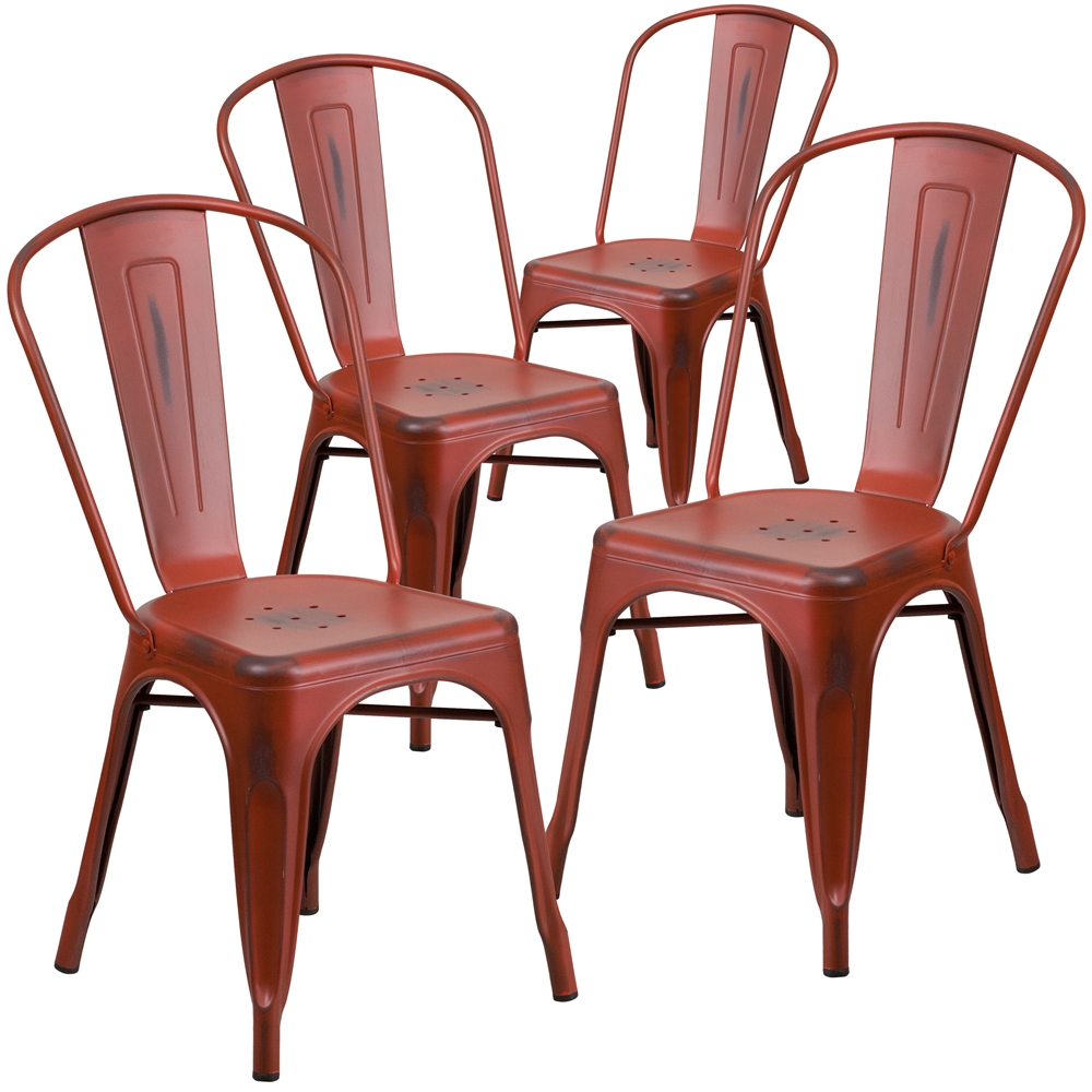 4 Pk. Distressed Kelly Red Metal Indoor Stackable Chair. Picture 1