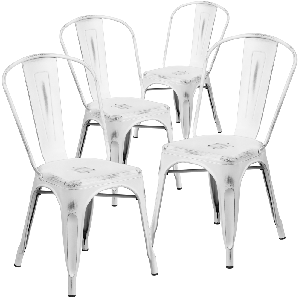 4 Pk. Distressed White Metal Indoor Stackable Chair. Picture 1