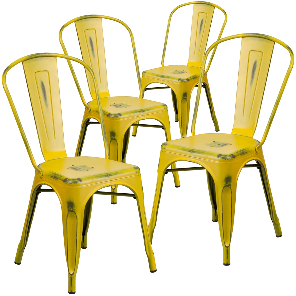 4 Pk. Distressed Yellow Metal Indoor Stackable Chair. The main picture.
