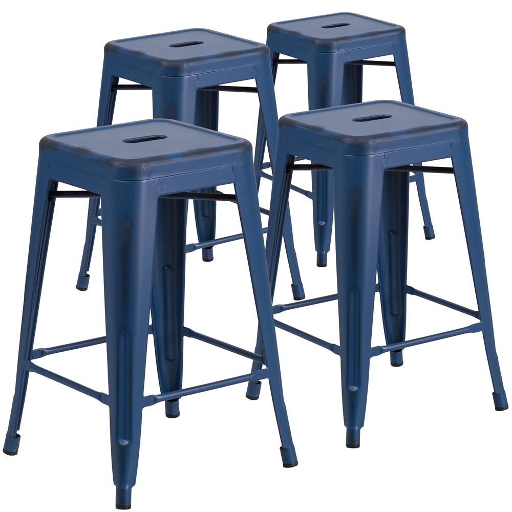 4 Pk. 24'' High Backless Distressed Antique Blue Metal Indoor-Outdoor Counter Height Stool. The main picture.