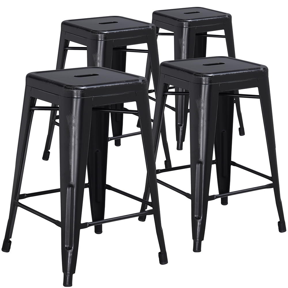 4 Pk. 24'' High Backless Distressed Black Metal Indoor Counter Height Stool
