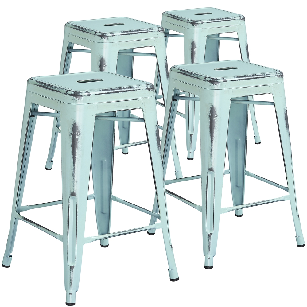 4 Pk. 24'' High Backless Distressed Dream Blue Metal Indoor Counter Height Stool. Picture 1