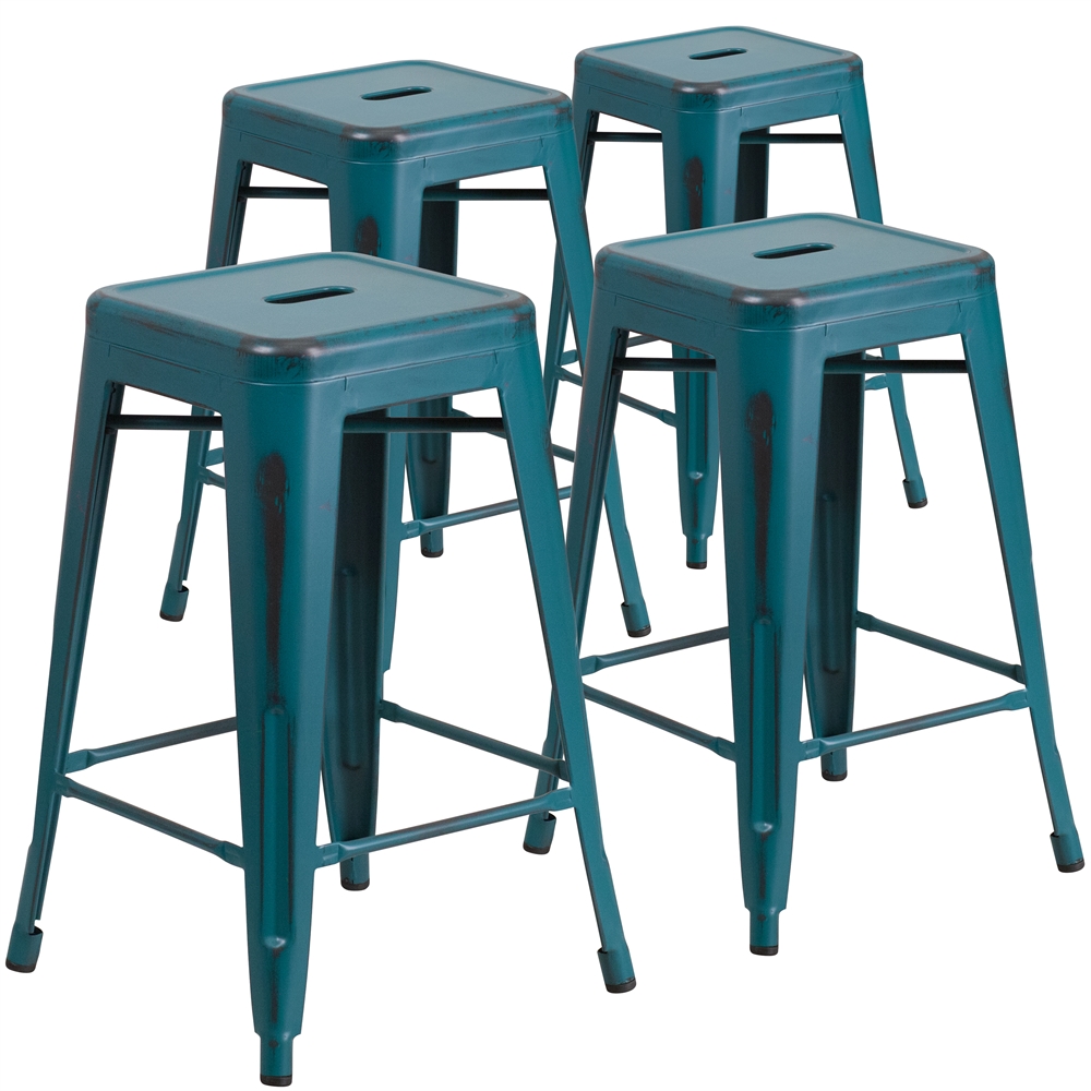 4 Pk. 24'' High Backless Distressed Kelly Blue Metal Indoor Counter Height Stool. Picture 1