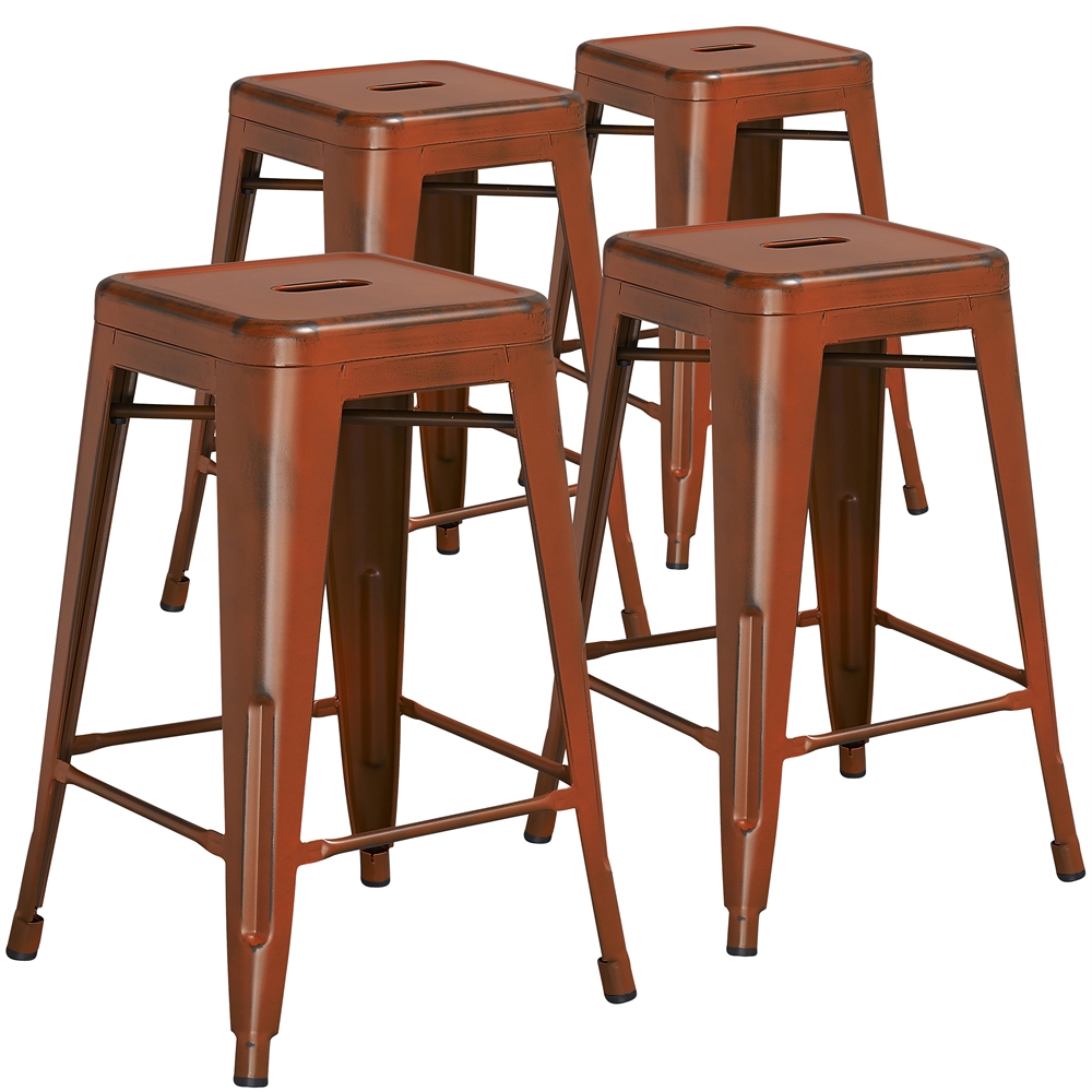 4 Pk. 24'' High Backless Distressed Orange Metal Indoor Counter Height Stool. The main picture.