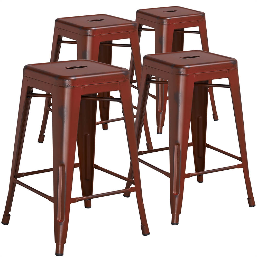 4 Pk. 24'' High Backless Distressed Kelly Red Metal Indoor Counter Height Stool. Picture 1