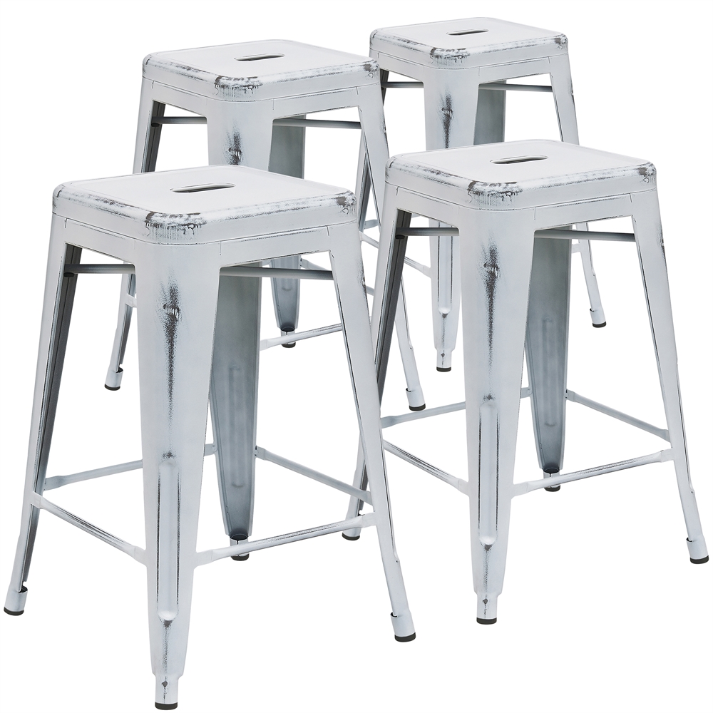 4 Pk. 24'' High Backless Distressed White Metal Indoor Counter Height Stool. The main picture.