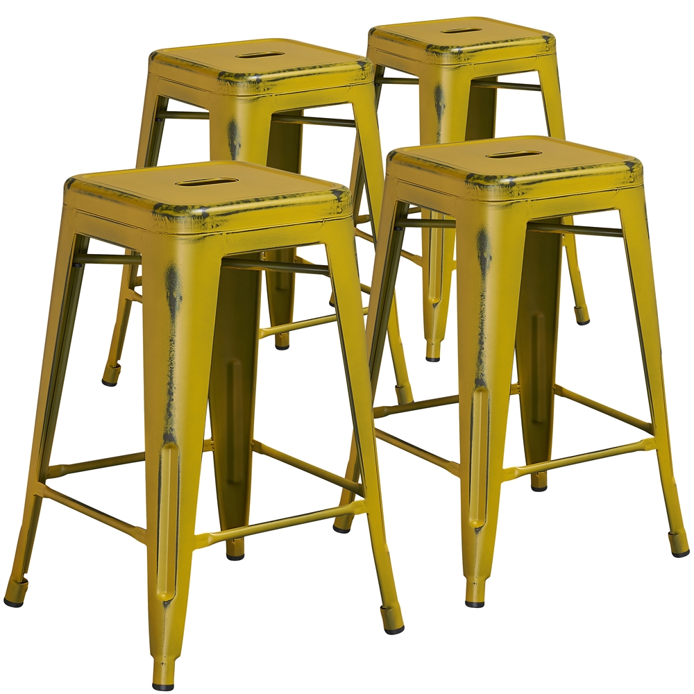4 Pk. 24'' High Backless Distressed Yellow Metal Indoor Counter Height Stool. The main picture.