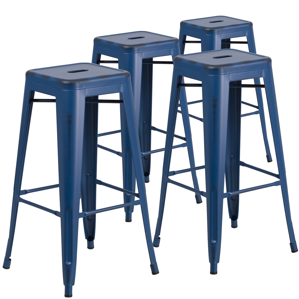 4 Pk. 30'' High Backless Distressed Antique Blue Metal Indoor-Outdoor Barstool. Picture 1