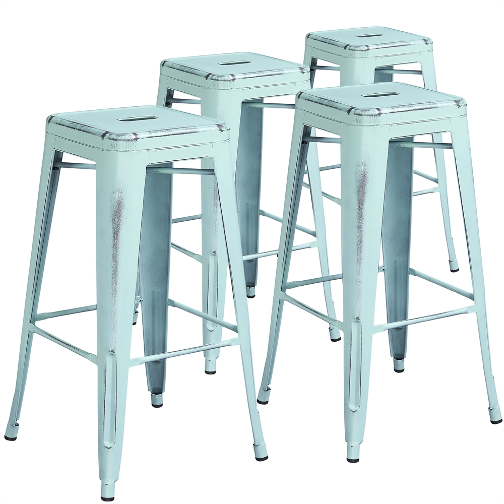 4 Pk. 30'' High Backless Distressed Dream Blue Metal Indoor Barstool. Picture 1