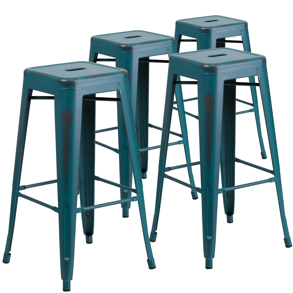 4 Pk. 30'' High Backless Distressed Kelly Blue Metal Indoor Barstool. Picture 1