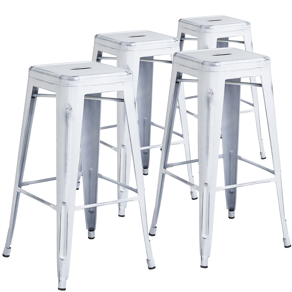 4 Pk. 30'' High Backless Distressed White Metal Indoor Barstool. Picture 1
