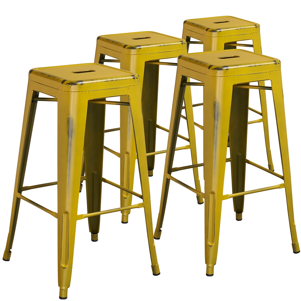 4 Pk. 30'' High Backless Distressed Yellow Metal Indoor Barstool. The main picture.
