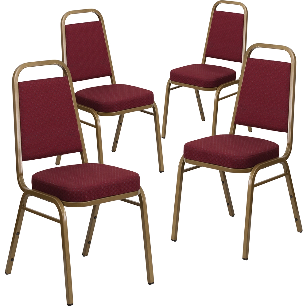 4 Pk. HERCULES Series Trapezoidal Back Stacking Banquet Chair with Burgundy Patterned Fabric and 2.5'' Thick Seat - Gold Frame. Picture 1