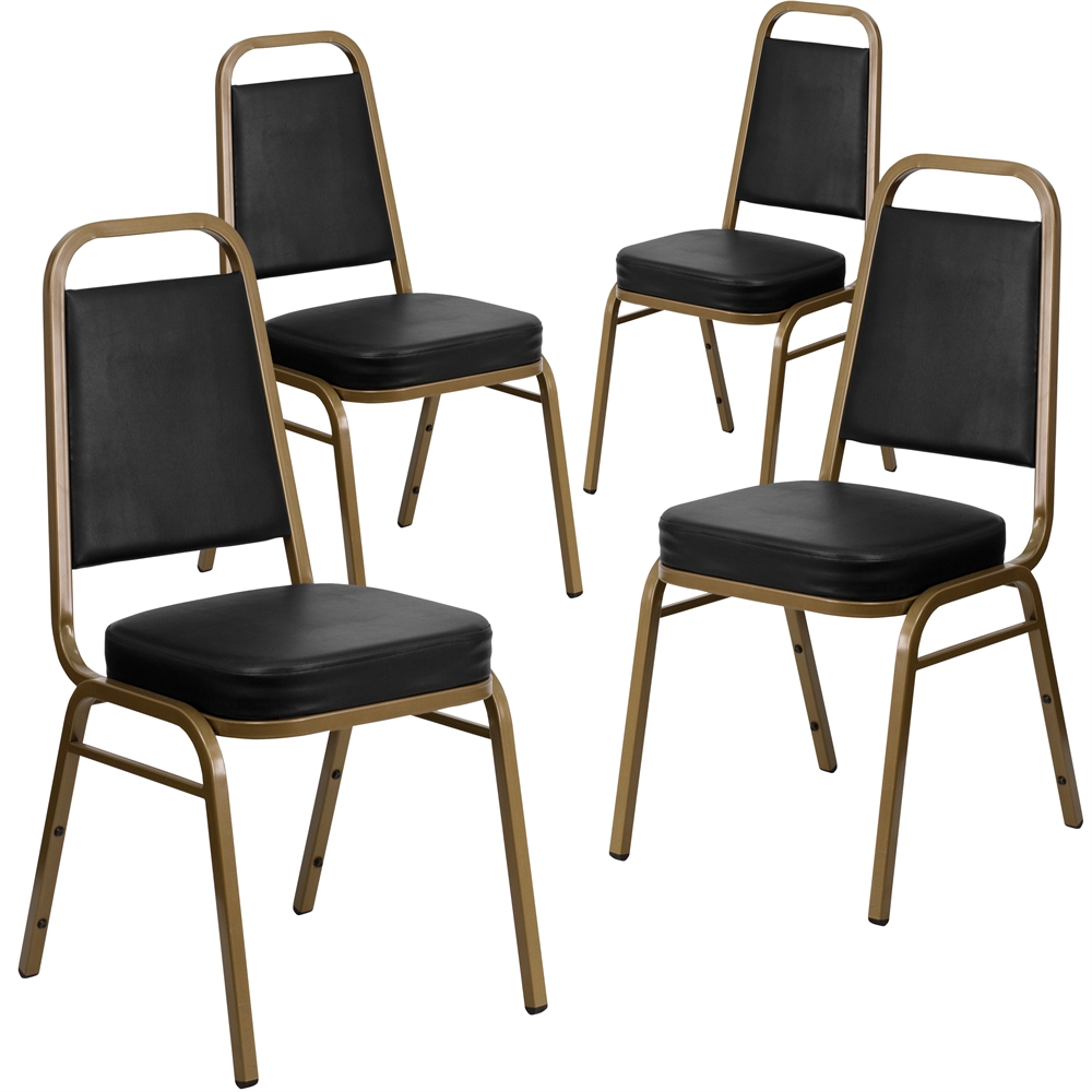 4 Pk. HERCULES Series Trapezoidal Back Stacking Banquet Chair with Black Vinyl and 2.5'' Thick Seat - Gold Frame. Picture 1