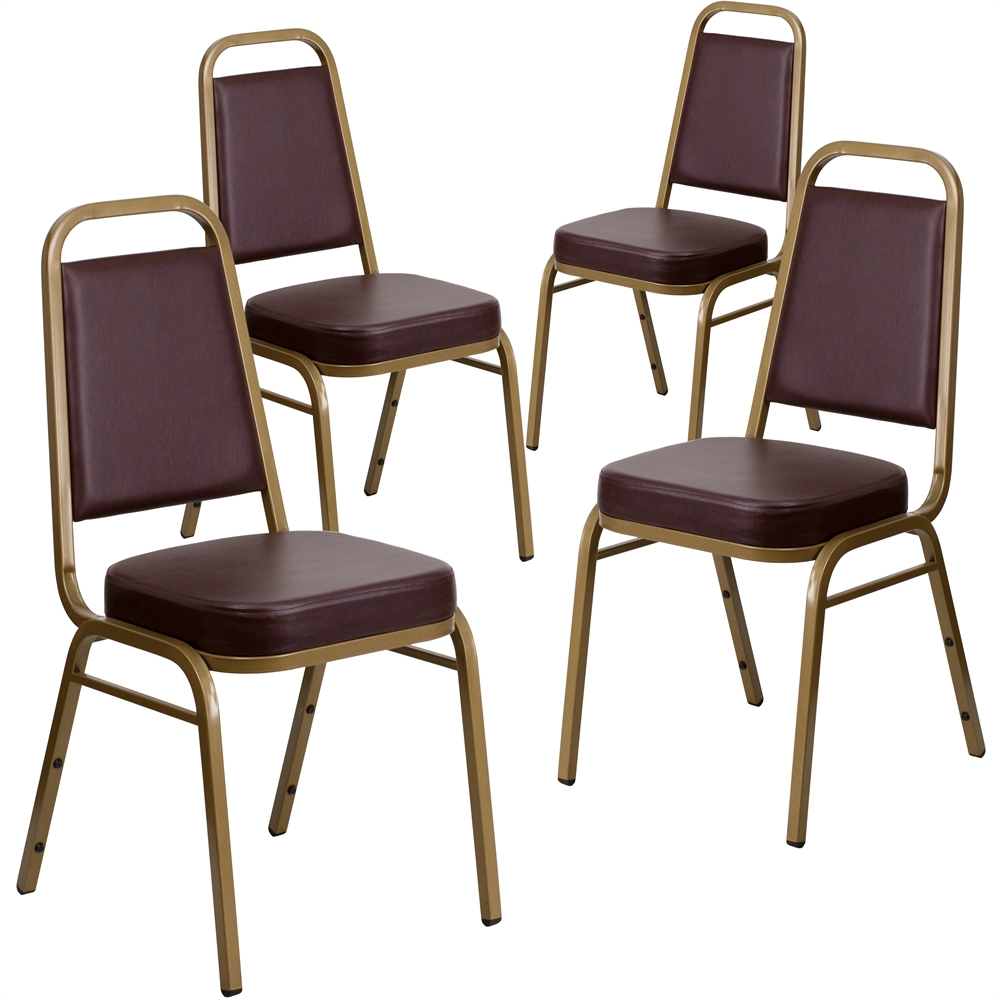 4 Pk. HERCULES Series Trapezoidal Back Stacking Banquet Chair with Brown Vinyl and 2.5'' Thick Seat - Gold Frame. Picture 1