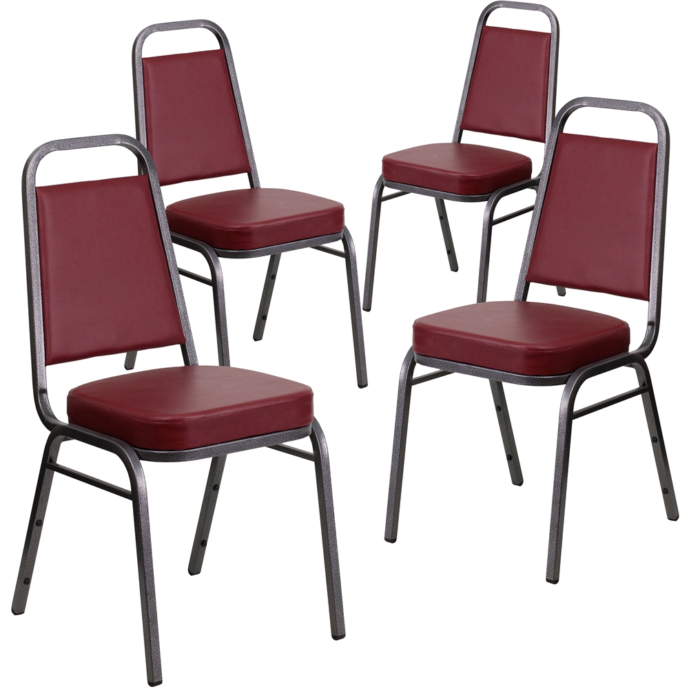 4 Pk. HERCULES Series Trapezoidal Back Stacking Banquet Chair with Burgundy Vinyl and 2.5'' Thick Seat - Silver Vein Frame. Picture 1