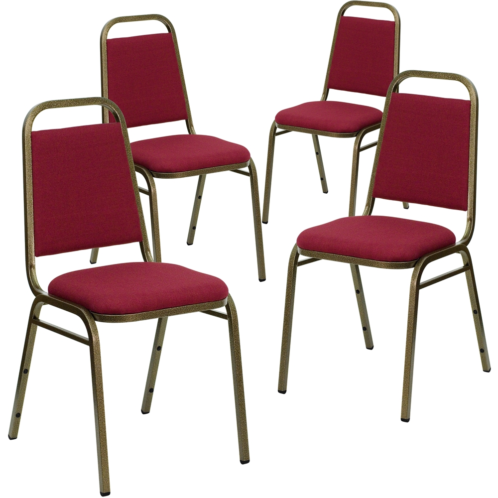 4 Pk. HERCULES Series Trapezoidal Back Stacking Banquet Chair with Burgundy Fabric and 1.5'' Thick Seat - Gold Vein Frame. Picture 1