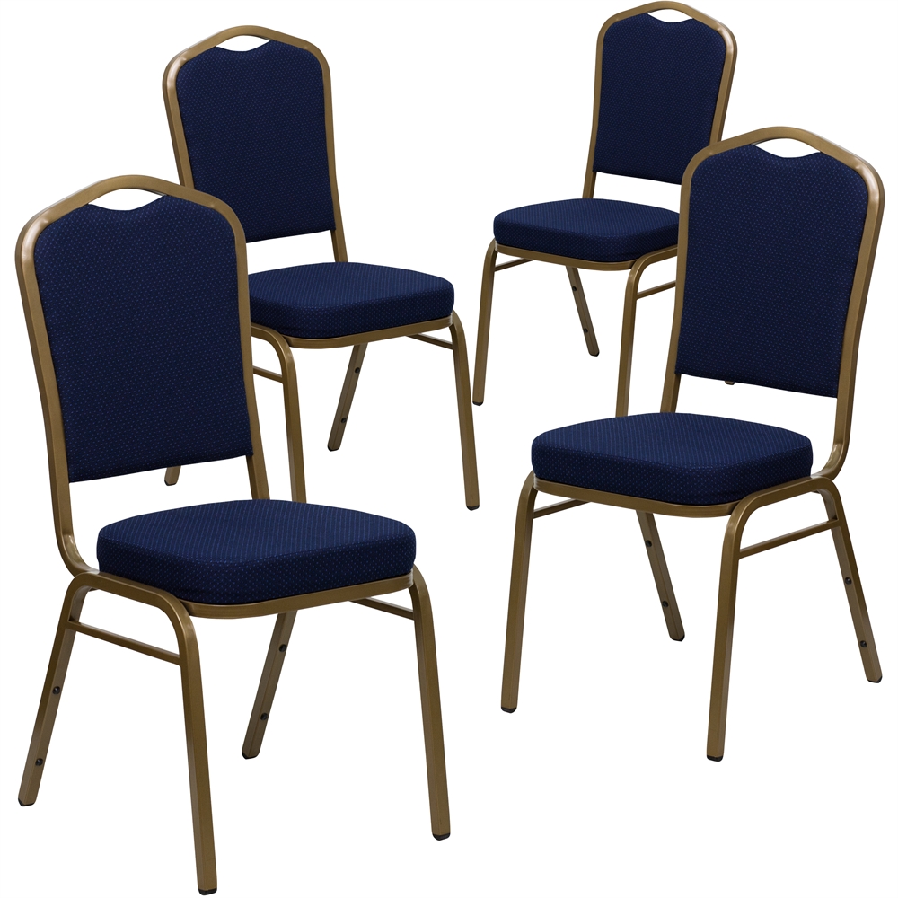 4 Pk. HERCULES Series Crown Back Stacking Banquet Chair with Navy Blue Patterned Fabric and 2.5'' Thick Seat - Gold Frame. Picture 1