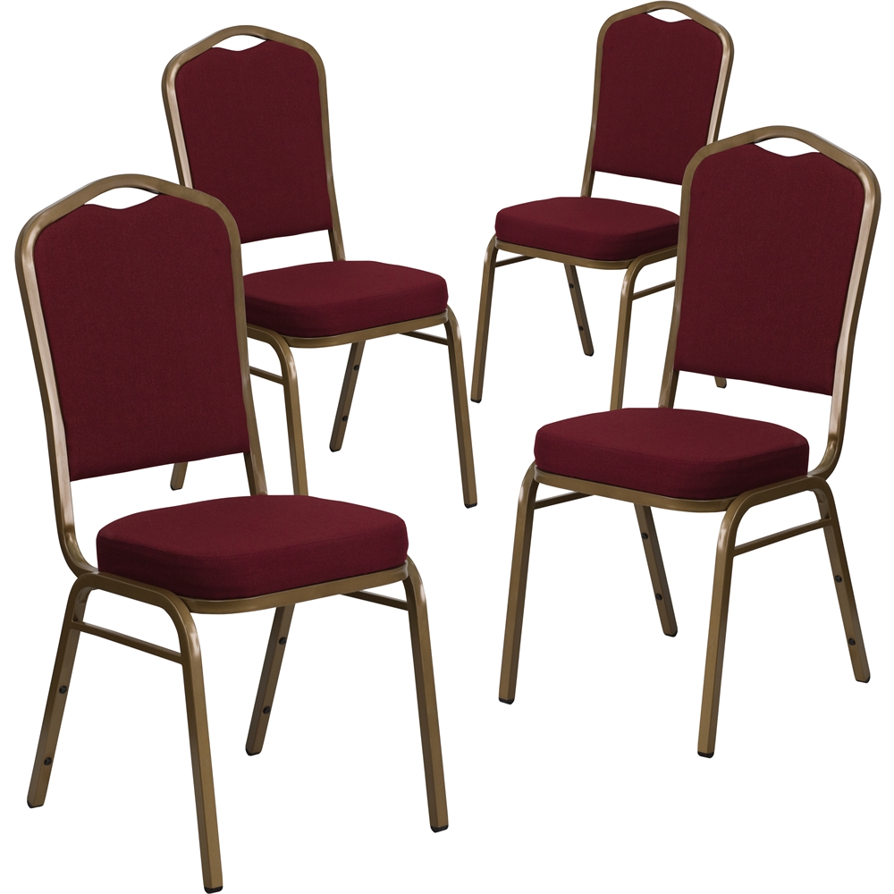 4 Pk. HERCULES Series Crown Back Stacking Banquet Chair with Burgundy Fabric and 2.5'' Thick Seat - Gold Frame. Picture 1