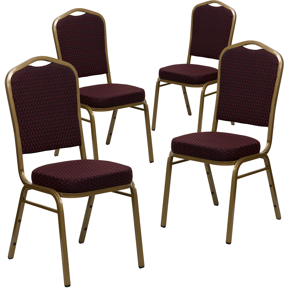 4 Pk. HERCULES Series Crown Back Stacking Banquet Chair with Burgundy Patterned Fabric and 2.5'' Thick Seat - Gold Frame. Picture 1